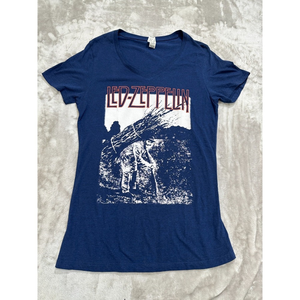 Led Zeppelin T-Shirt Womens Size 2XL XXL Blue Short Sleeve Soft V-Neck EUC‎